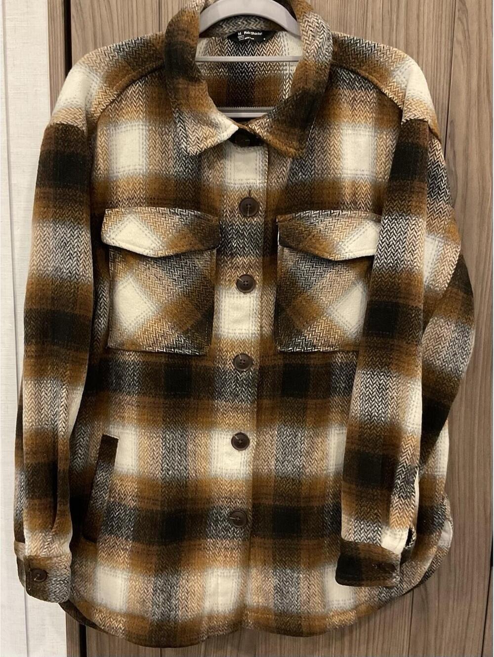 Members Mark Plaid Skacket Womens Brown Plaid Button Up Jacket W/ Pockets Medium